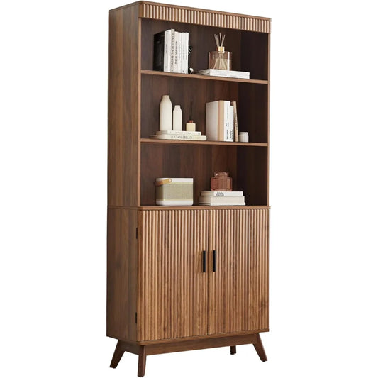 68" Fluted Tall Bookcase with Storage Cabinet,Mid-Century Modern 5-Tiers Arched Bookshelf Cabinet with Doors
