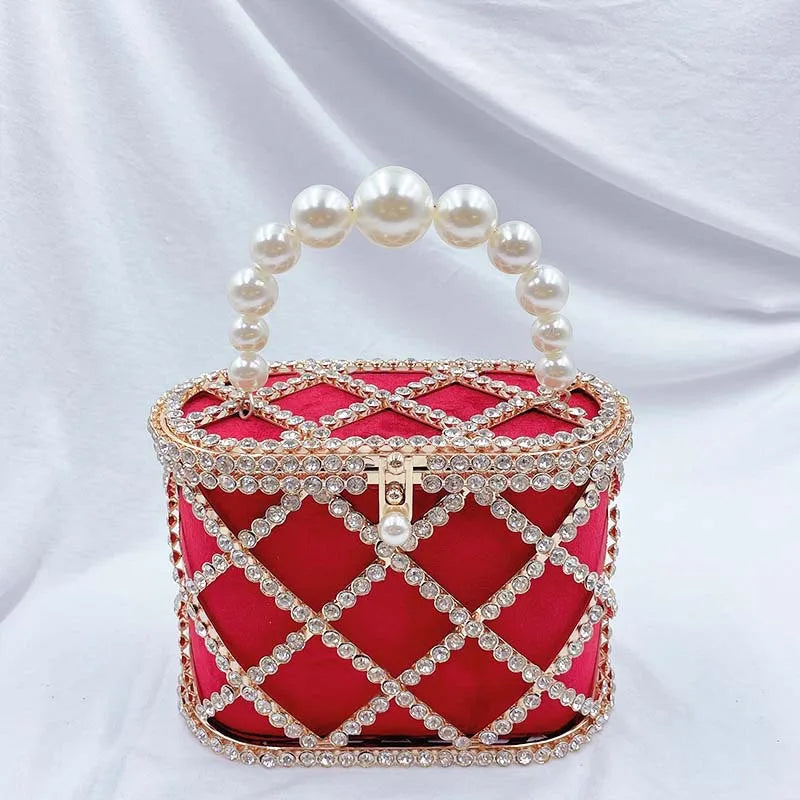 Metallic Evening Bag Pearl Hollow Out Womens Bags Luxury Design Rhinestone Diamond Dinner Bags For Party Wedding Handbags