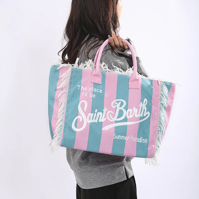 Tassel Tote Bag Handbags Womens Bags for Women Canvas Bag Large Capacity Leisure Travel Striped Grid Handmade Tassel Handbag