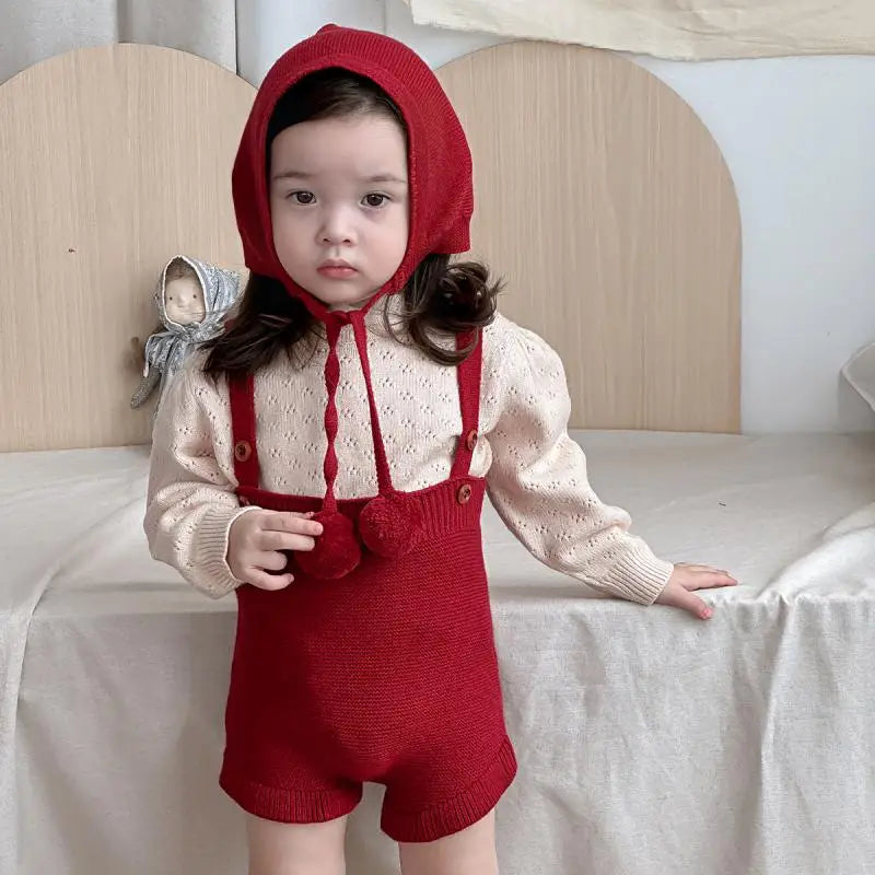 Baby Girl Clothes Autumn Solid Color Long Sleeves Knitwear Top Knitted Suspender Shorts Two Piece Sets Girl Sweater Set