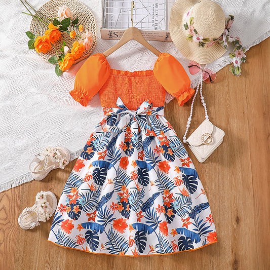 Girl Dress Summer New Sweet Print Patchwork Bubble Sleeve Princess Skirt Birthday Party Dress Girl Baby Boho Children's Clothing