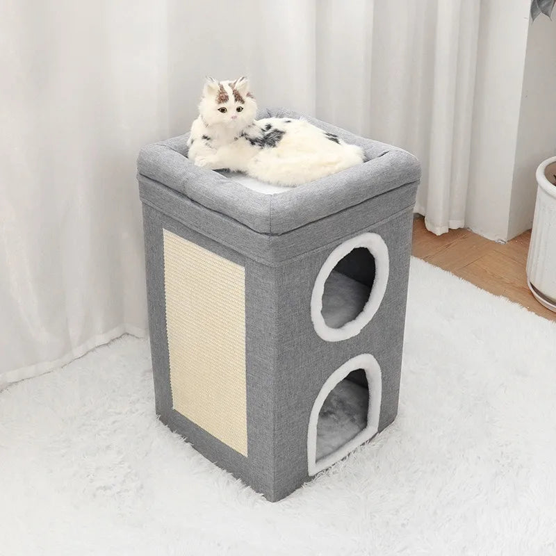 Luxury Cat Tree Bed with Scratching Post - Dual-Level 4-Season Pet Furniture, Organic Bamboo Base & Orthopedic Cushion