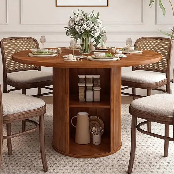 Round Dining Table for 4, Modern Farmhouse Kitchen Table, 47 Inch Small Circle Dining Tables with Wood Strip Base for Kitchen Li