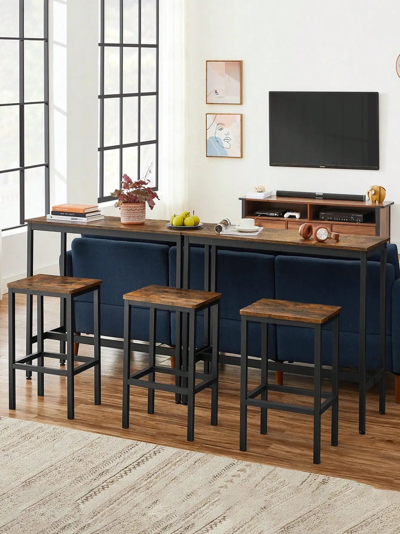 VASAGLE Dining Table Set, Bar Table with Stools, Breakfast Bar Table, 2 Stools, Industrial Steel Frame, Rustic Brown/Black