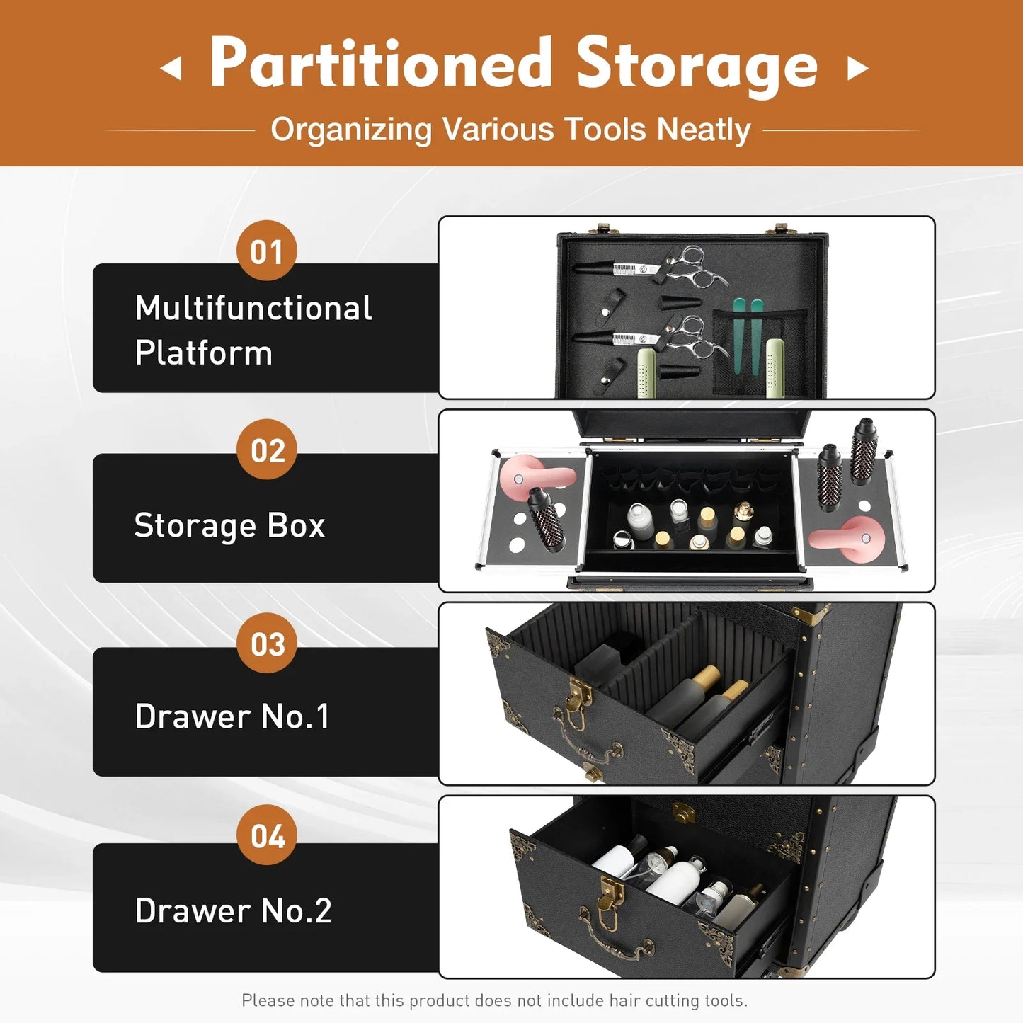 3 Tiers Locking Rolling Beauty Salon Toolbox, Makeup Case Trolley Luggage w/ Hairdryer Stand,Beauty Salon Storage Toolbox