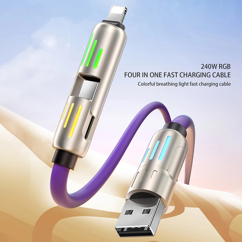 240W Super Fast Charging Cable 4 In 1 Multi Connectors Charger Rotating Elbow USB To Type-C 1.2M Mobile Phone Charger Cable