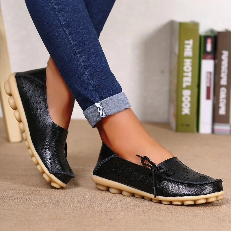 Genuine Leather Women Flats Fashion Casual Women Shoes Hollow Women's Shoes Slip On Flat Shoes Ballerina Plus Size Zapatos Mujer