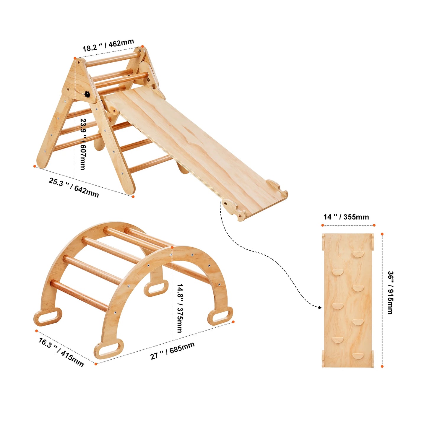 SucceBuy Pikler Triangle Set 5 in 1Toddler Climbing Toys Indoor Playground for Toddlers 1-3 Years Large Size Wooden Climbing Set