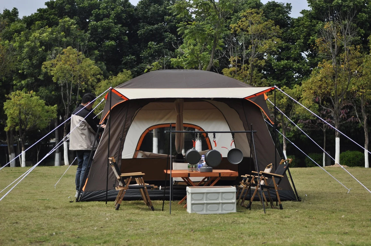 3-12 Person Outdoor Camping Team Tent Double Layers Oversize 2 Bedrooms Thickened Rainproof Company Family Camp Tour Equipment
