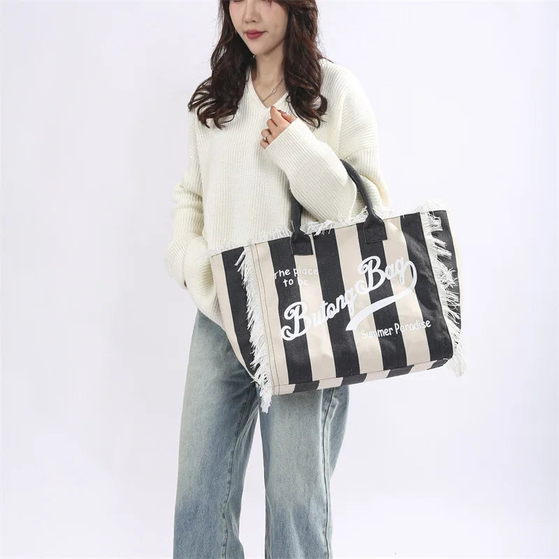 Tassel Tote Bag Handbags Womens Bags for Women Canvas Bag Large Capacity Leisure Travel Striped Grid Handmade Tassel Handbag