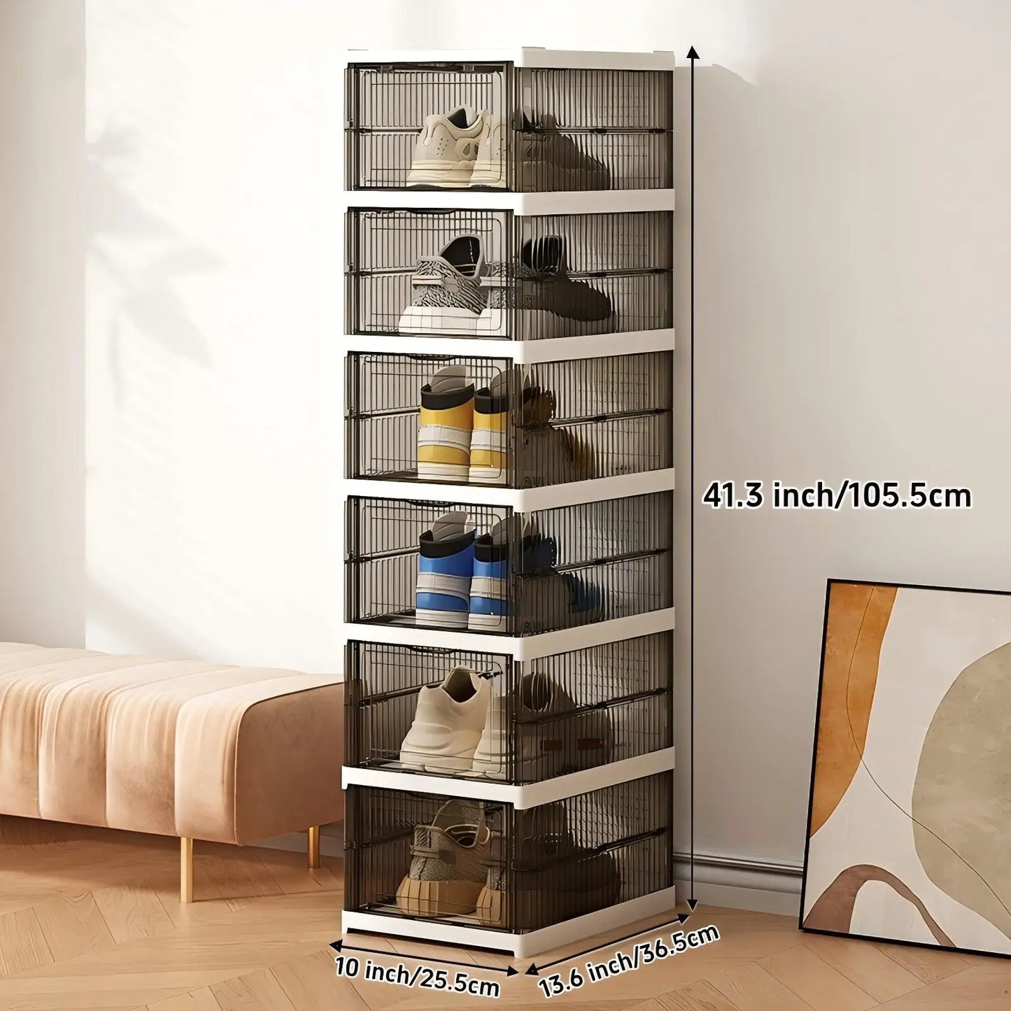 Clear Shoe Storage Box, No Assembly Stackable Drop Front Shoe Organizer Storage Bins,  All-in-one Free Standing Shoe Cabinet