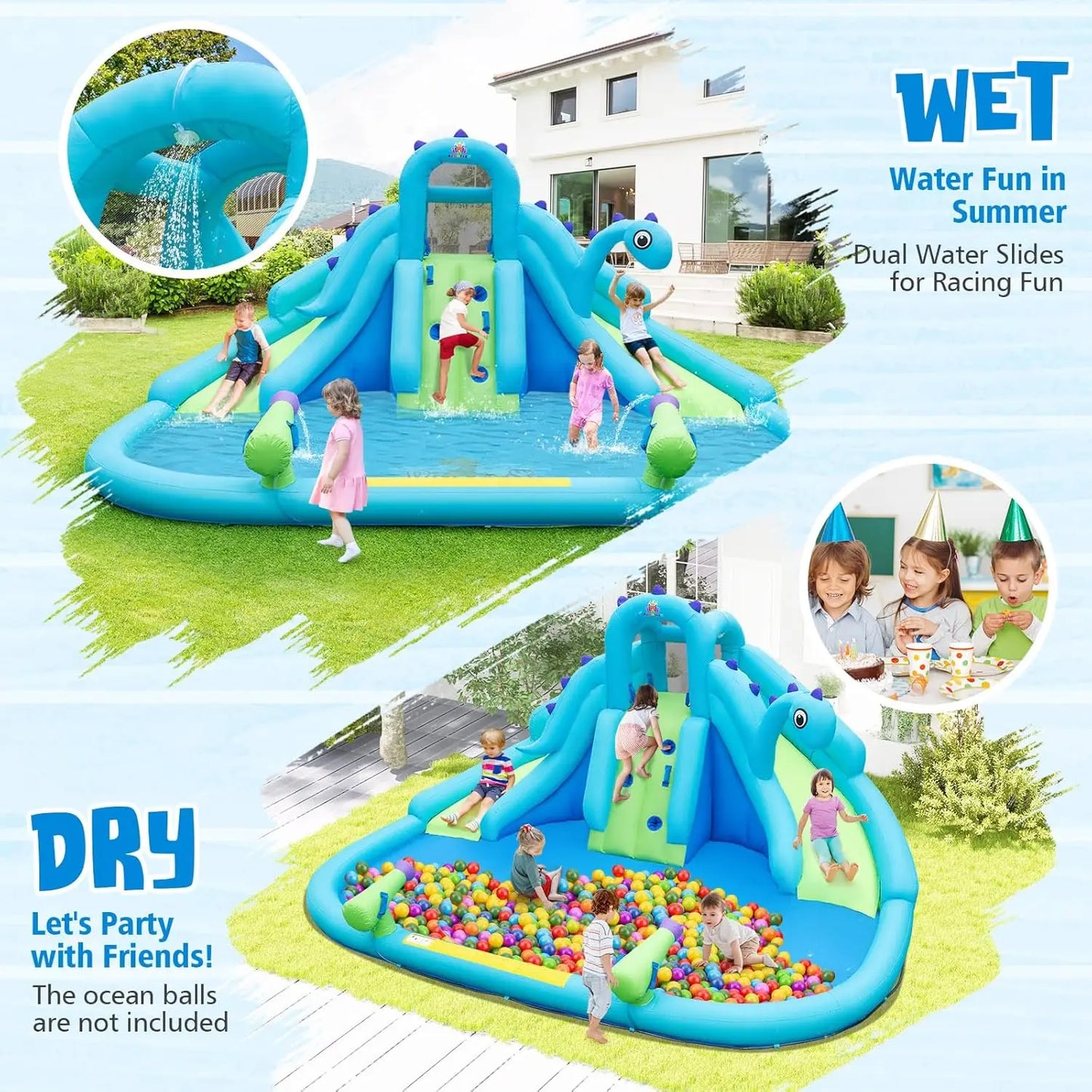 Inflatable Water Slide with Dinosaur, Double Slides Kids Mega Waterslide Park Heavy Climbing Wall for Outdoor Racing, Blow up Wa