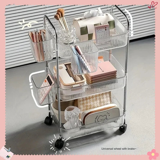 3 Tier Clear Storage Cart with Wheels - Multifunctional Rolling Organizer for Bedroom Living Room & Office