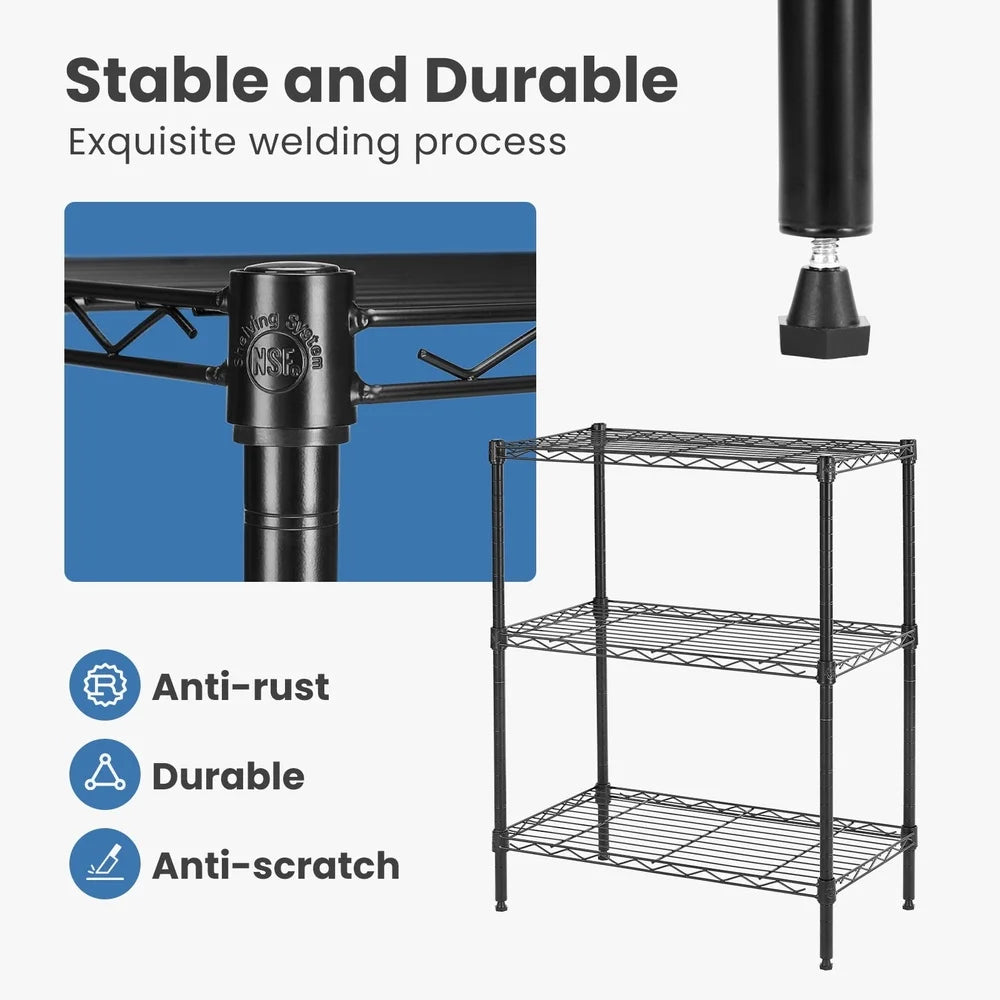 3-Tier Adjustable Heavy Duty Steel Wire Shelving Unit Storage Rack Kitchen Garage Office Organization Freestanding Metal Shelf