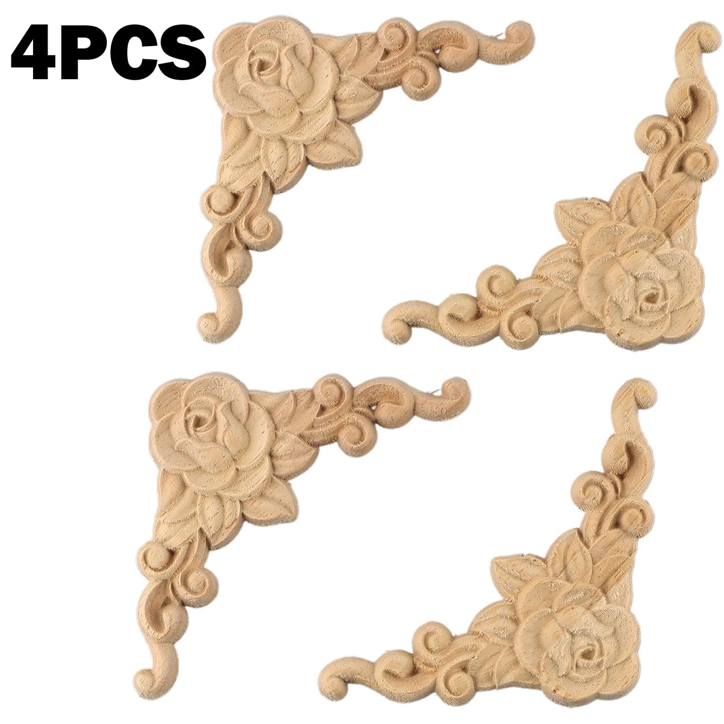 4PC Wooden Carved Corner Onlay Furniture Applique Moulding Decal DIY Home Decor Frame Wall Door Furniture Woodcarving Decoration