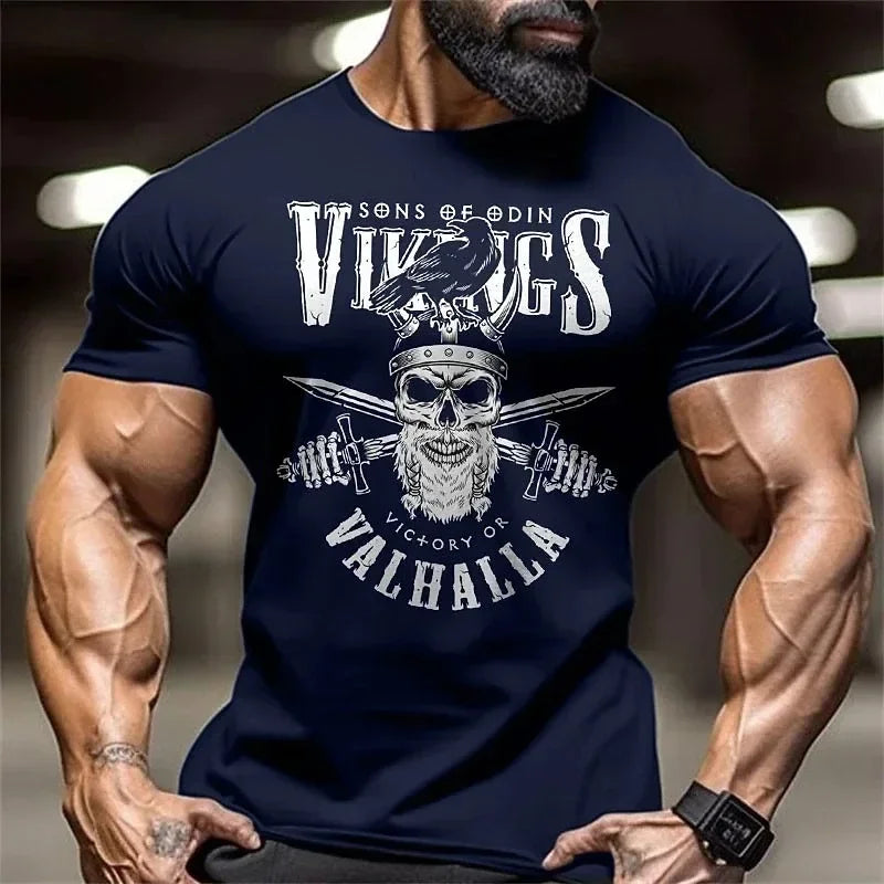 Fitness muscle wear Skeleton fashion printed T-shirt Men's casual loose street top crewneck pullover cotton summer wear