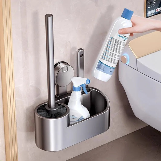 Bathroom Toilet Brush Holder Cleaning Tools Space Aluminum Wall Mounted Sucker  Vertical Toilet Brush Bathroom Accessories