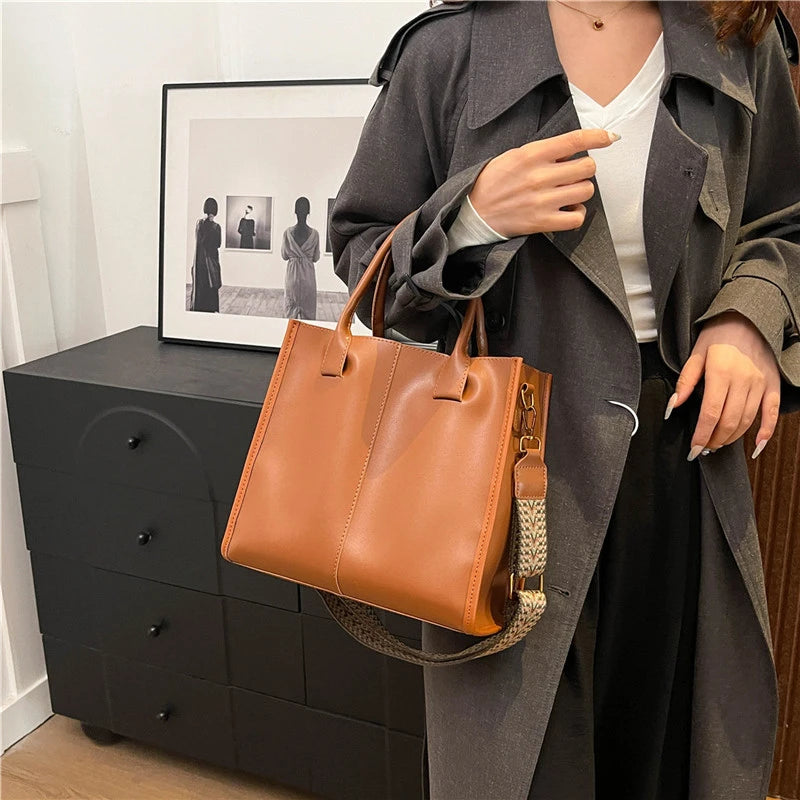 Black Tote Bag For Women Fashion Wide Strap Shoulder Handbag High Quality Pu Leather Bag Coffee Brown Female Brand Commute Bag