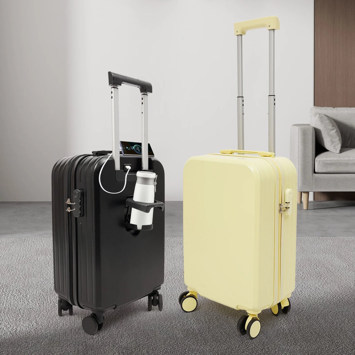 20in Light Yellow ABS Travel Luggage Suitcase with 998 Cup Holder,Rectangular Load 40kg 4 * Shock-absorbing Wheels