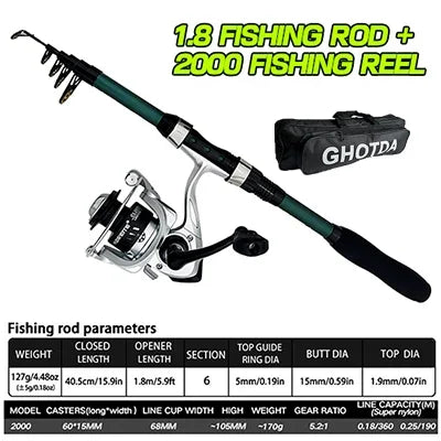 Sea Fishing Rod Reel Kit 1.8M Telescopic Carbon Pole 2000 Series Spinning Reel Max Drag 8KG With Bag Travel Full Kits Bait 5-20g