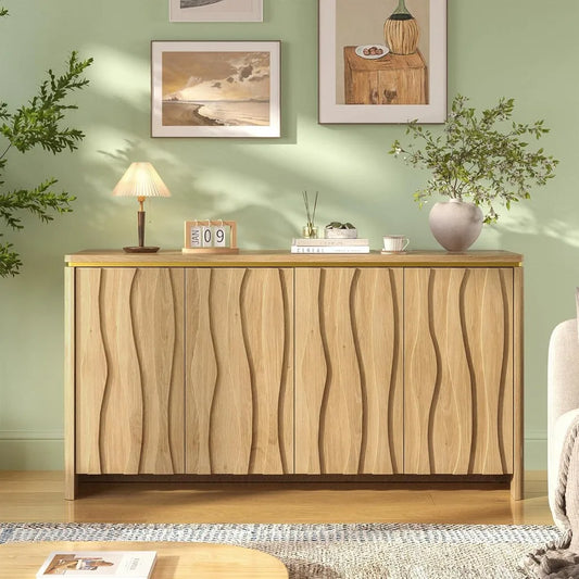 Fluted Cabinet with 3D Ripple Doors, 57.9" W Storage Cabinet with Adjustable Shelves, Modern Curved Edge Design for Living Room