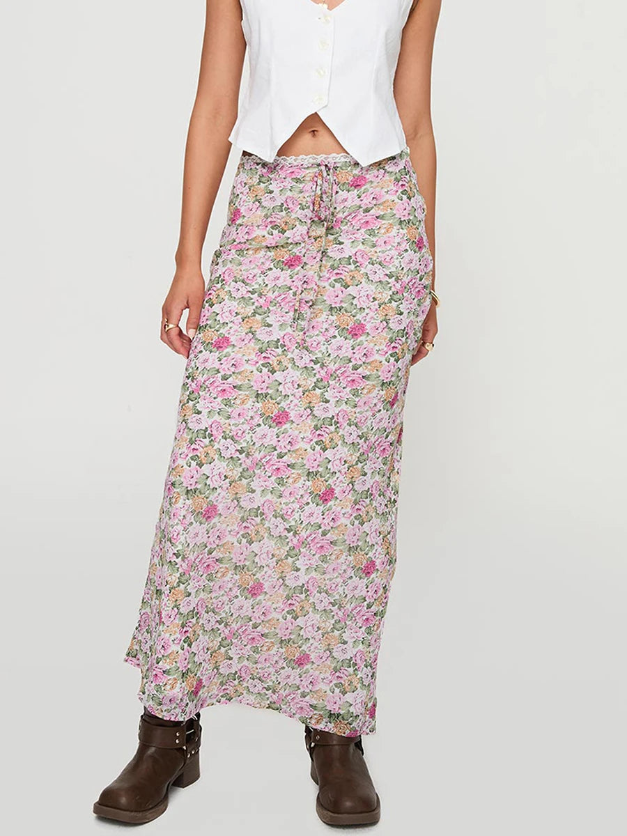 Women s Boho Maxi Skirt with Ruffle Hem and Tie Waist Elegant Floral Print Long Skirt for Summer Beach Vacation