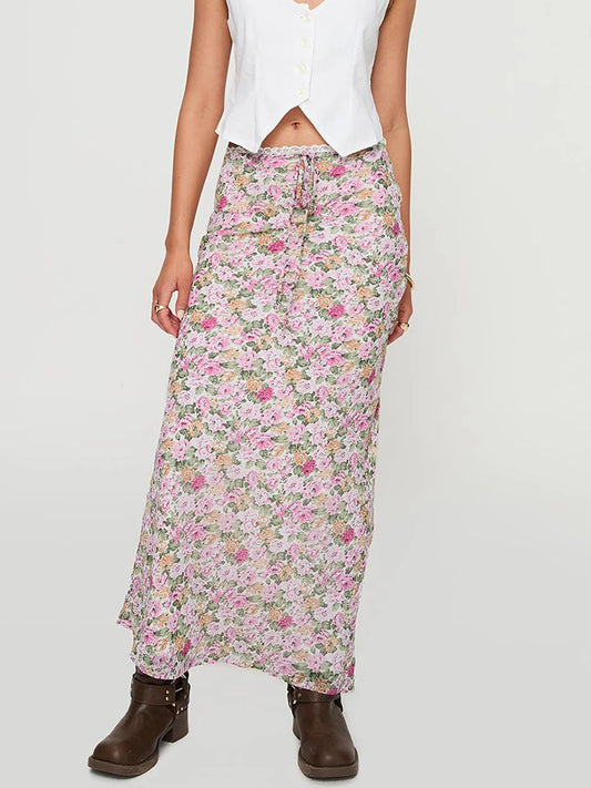 Women s Boho Maxi Skirt with Ruffle Hem and Tie Waist Elegant Floral Print Long Skirt for Summer Beach Vacation