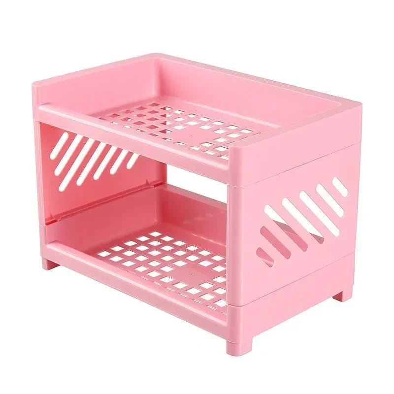 1PC PP Desktop Double Layer Storage Rack Rectangular White Organizing Student Desk Office Cosmetics Stationery