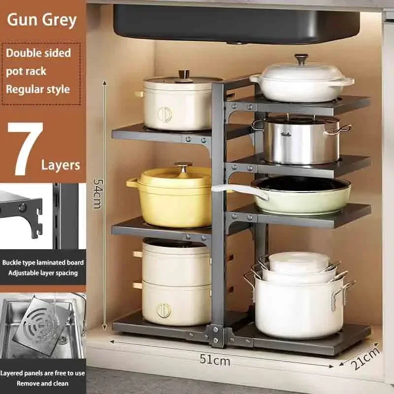 Kitchen Under Sink Pot Holder Multilayer Frying Pan Rice Cooker Seasoning Storage Rack Adjustable Stainless Steel Organizer