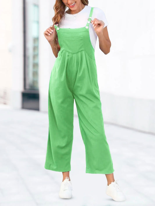 Women Romper 2024 Summer Waffle Grid Jumpsuit Sleeveless Bib Overall Light Green XL