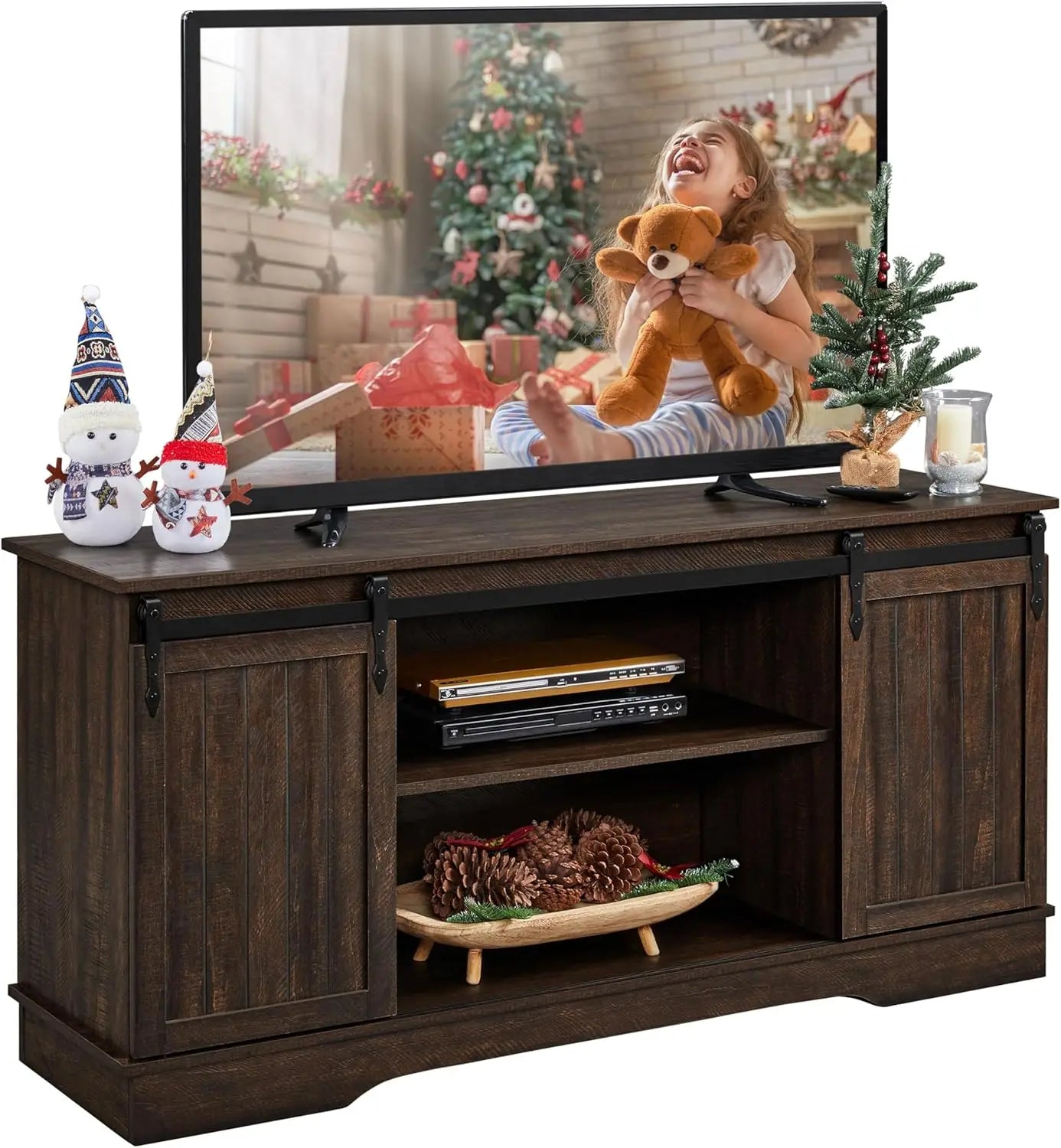 Farmhouse TV Stand for 65'' TV, Tall Entertainment Center with Storage, TV Console for Living Room with Sliding Barn Door