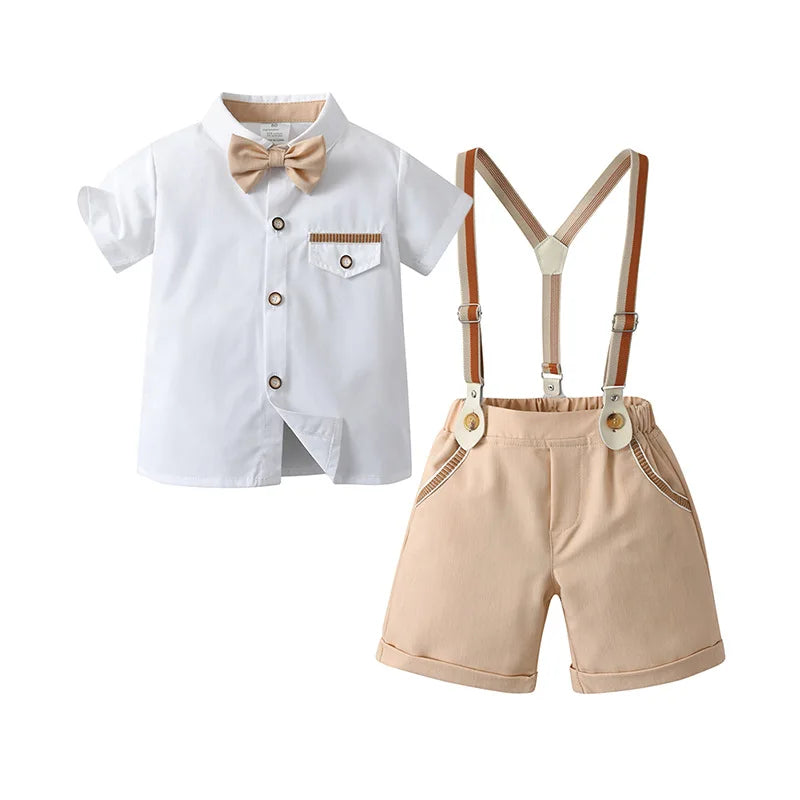 Baby Boy Clothes Set Summer Short Sleeve Shirt Bowtie +Suspenders Shorts 3pcs Kids Birthday Party Children Gentleman Suit