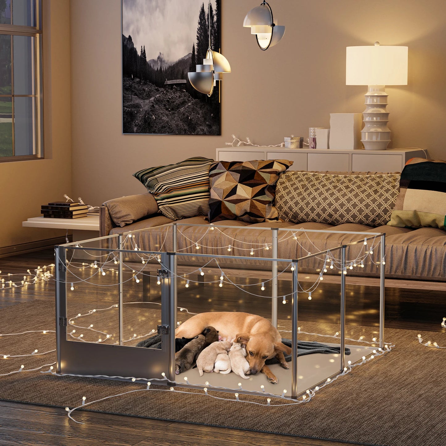BingoPaw Acrylic Dog Playpen Fence Pet Clear Exercise Play Pen Whelping Box with Waterproof Fertility Pad for Cats, Puppies
