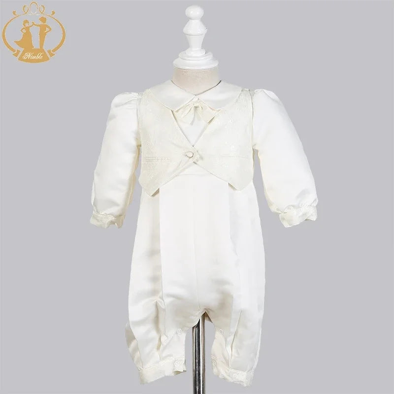 Newborn Baby Boy Baptism Outfits Clothes Cotton Broadcloth Single Breasted Solid Full Sleeve Set Bow Lace Christening Gown