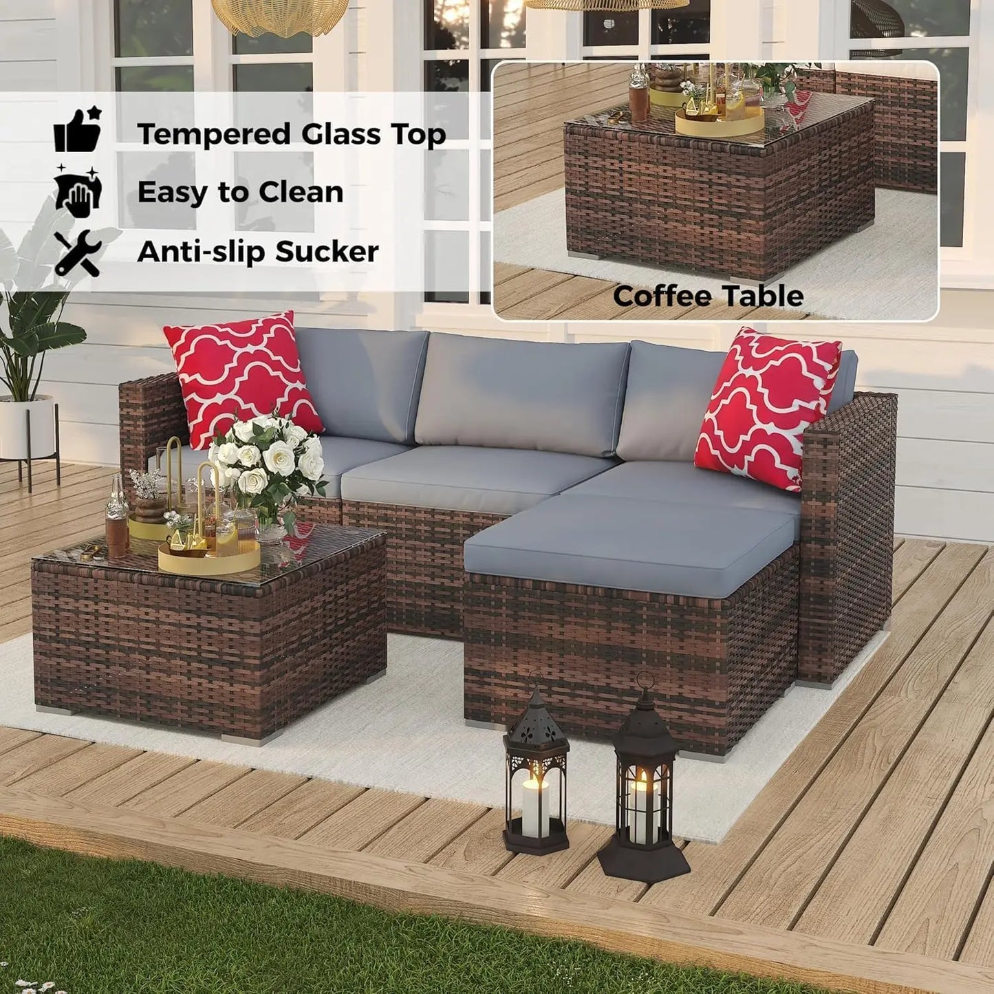 5-Piece Outdoor PE Wicker Patio Furniture Set, Water-Resistant Sectional Sofa With Plush Cushions, Tempered Glass Coffee Table &