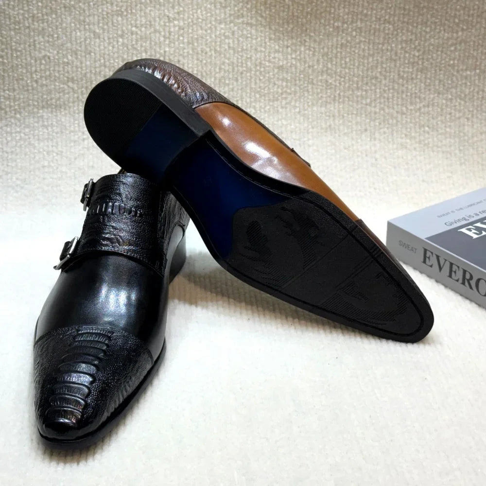 Men's Handmade Brown Monk Shoes Double Buckle Genuine Cow Leather Luxury Wedding Business Formal Basic Men's Footwear