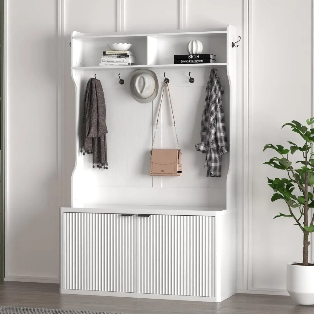Tree with Bench and Shoe Storage,Morden Fluted Entryway Coat Rack with Shoe Bench Cabinet, Entryway Furniture
