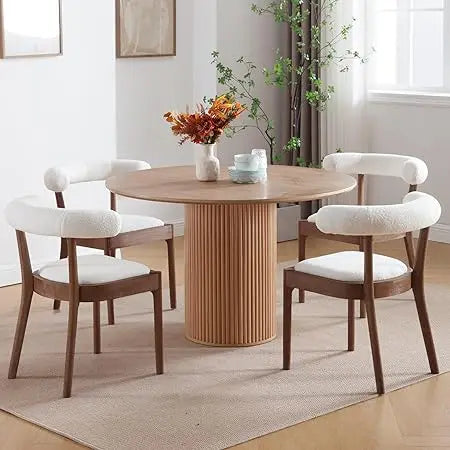 Mid Century Modern Dining Chairs Set of 4, Comfortable Boucle Open Back Wood Side Chairs for Dining Room/Lounge/Restaurant, Whit