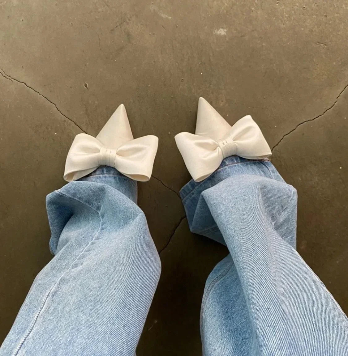 2024 Summer Women's Slippers Bowknot Cat Heel Low Heel Mid Heel Pointed Toe Shoes Slippers High Heels