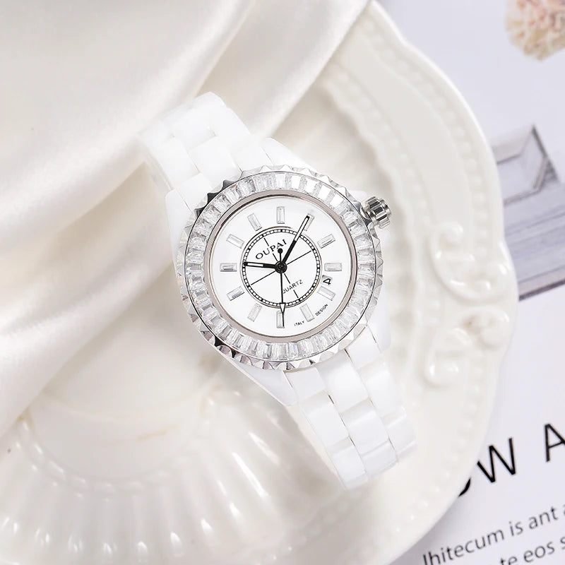 Dectop 2025 New Arrival Baguette Crystal White Ceramic Luxury Classic Wristwatch Lady Wateproof Fashion and Elegant Dress Watch