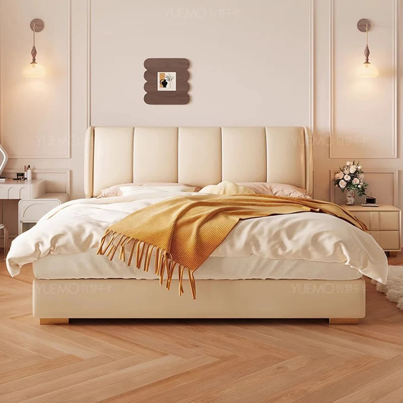 White Cream Bed Cloud Large Size Room Decor Beauty Wooden Comfortable Ergonomic Bed Floor Letto Matrimoniale Home Furniture