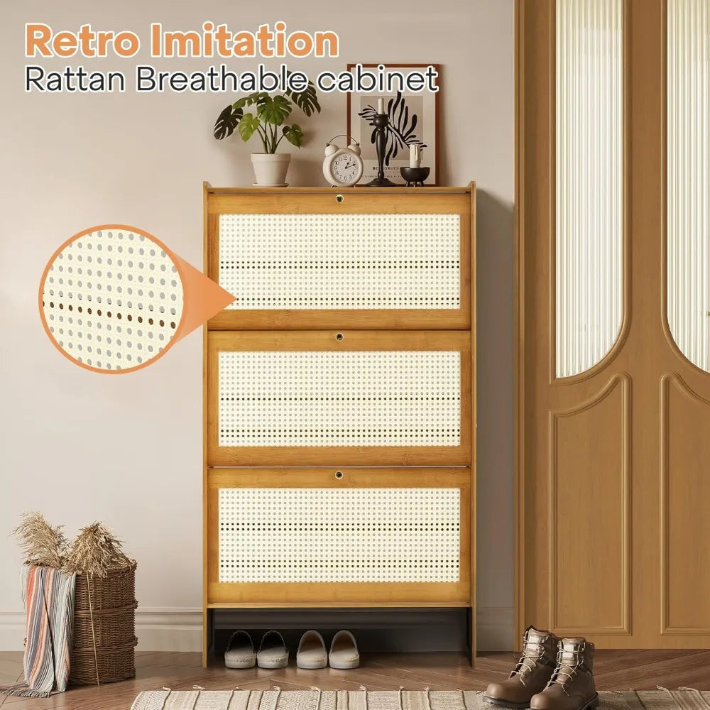 Thin Bamboo Shoe Cabinet with 3 Drawers, 47'' Narrow Slim Freestanding Hidden Shoe Storage for Entryway Living Room Hallway