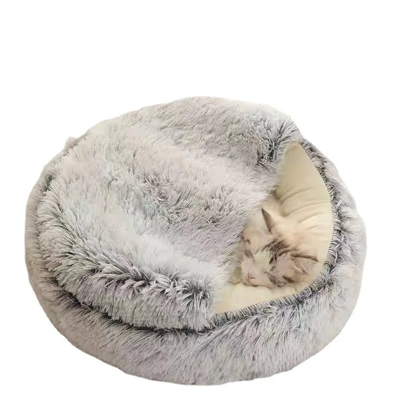 New Soft Plush Pet Bed with Cover Round Cat Bed Pet Mattress Warm Cat Dog 2 in 1 Sleeping Nest Cave for Small Dogs
