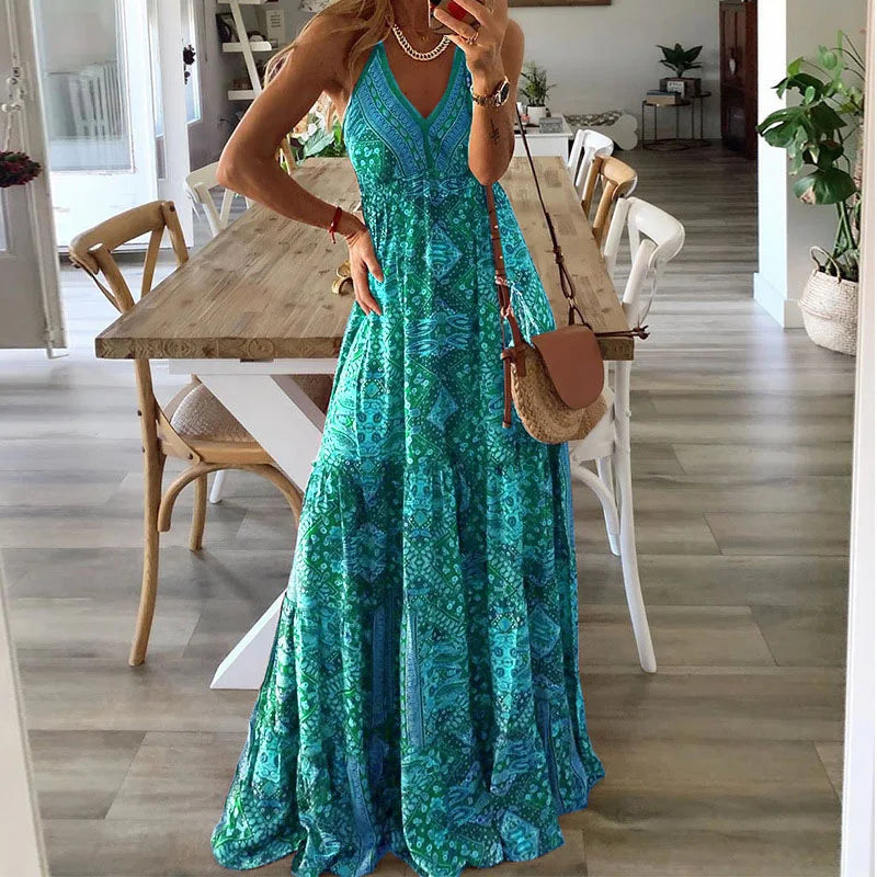 Bohemian Style Women's Clothing Long Dress New  Suspender Long Dress High Waist V-neck Printed Floral Dress Women's Clothing