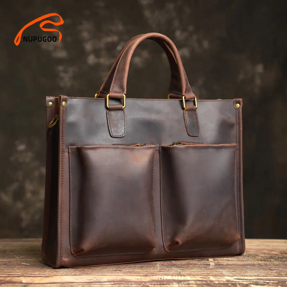 Vintage Men's Briefcase Genuine Leather Casual Trend Handbag High Capacity Shoulder Bag Zipper Pockte For 14 Inch Laptop NUPUGOO