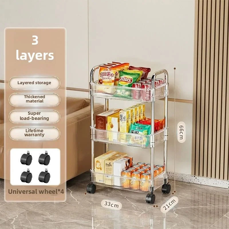 3 Tier Clear Storage Cart with Wheels - Multifunctional Rolling Organizer for Bedroom Living Room & Office