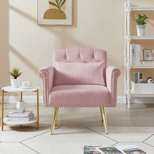 Velvet armchair withwith velvet and 4 gold metal legs，with tufted back and seat，for living room