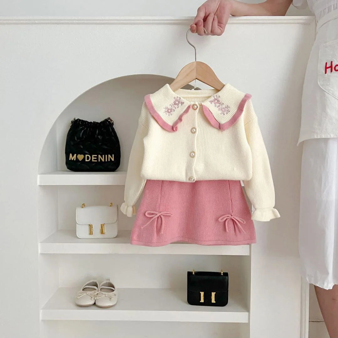 Baby Girl  Elegant Embroidery Collar Knitted Clothes Set Cardigan+Skirt Infant Toddler Child Clothing Suit Baby Clothes 1-7Y