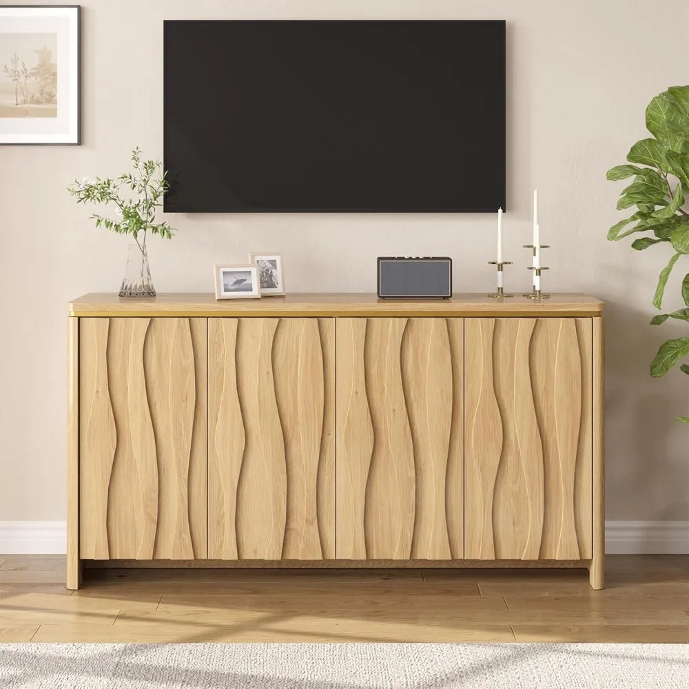 Fluted Cabinet with 3D Ripple Doors, 57.9" W Storage Cabinet with Adjustable Shelves, Modern Curved Edge Design for Living Room