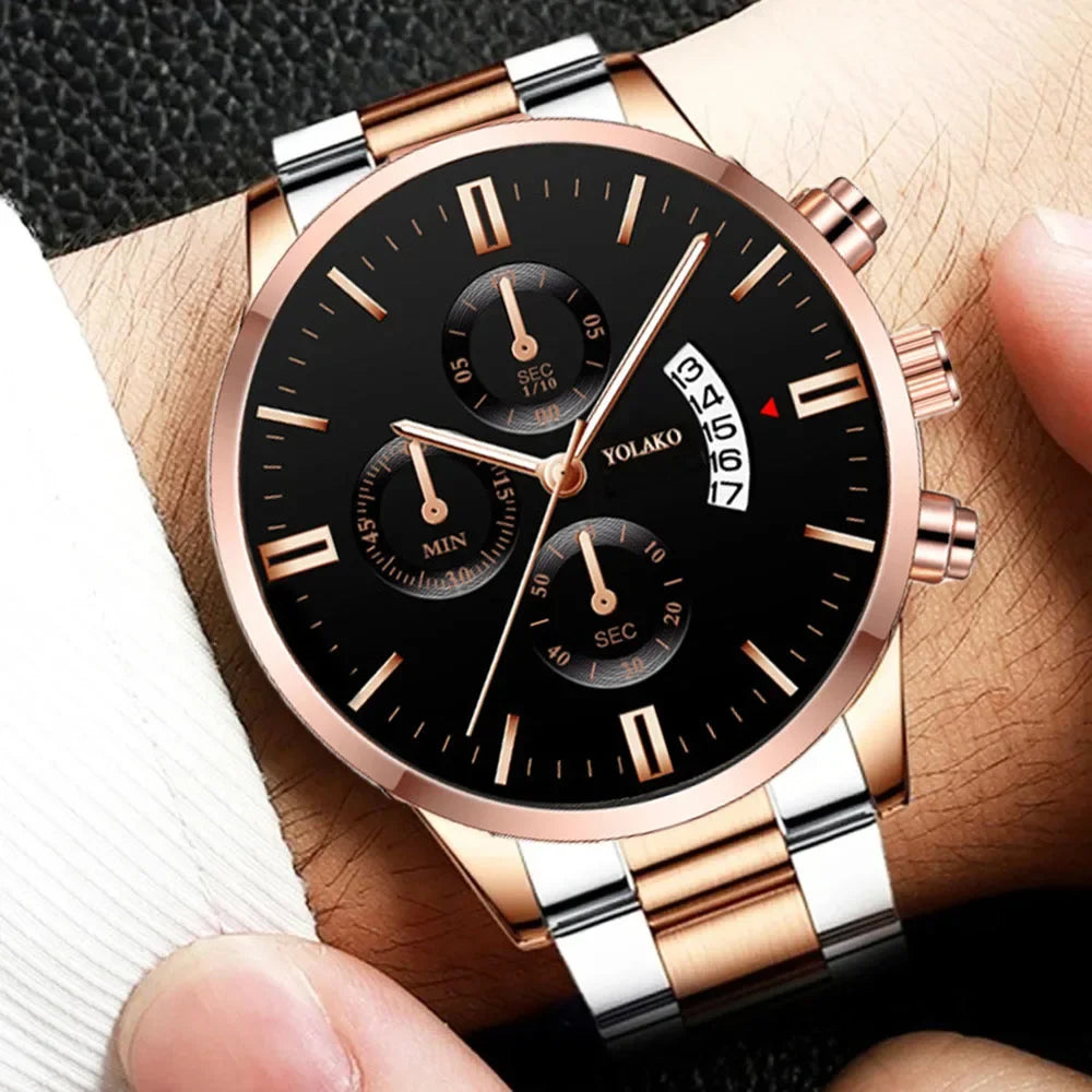 Men's Fashion Sports Watches for Men Business Stainless Steel Quartz Wristwatch Calendar Man Casual Leather Luminous Clock Watch